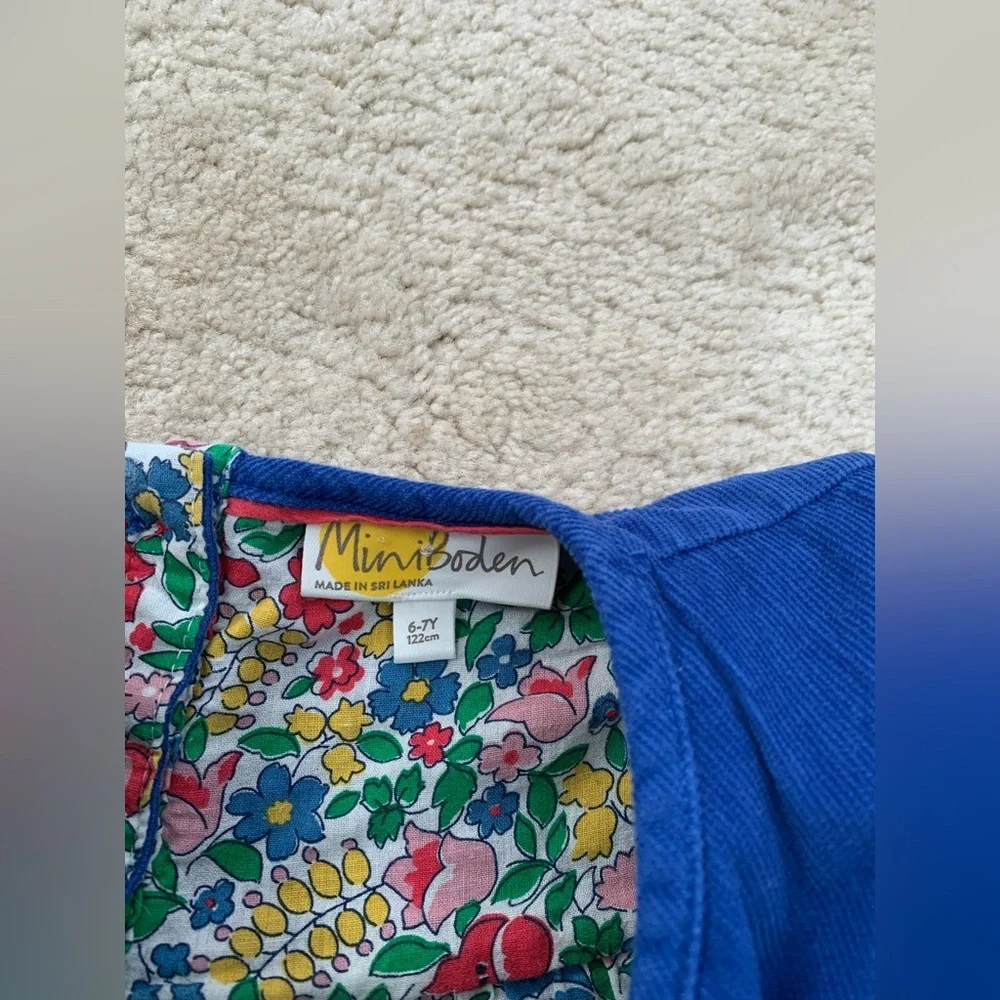 Mini Boden Size 6-7 Royal Blue Corduroy Short Sleeve Floral Lined Dress